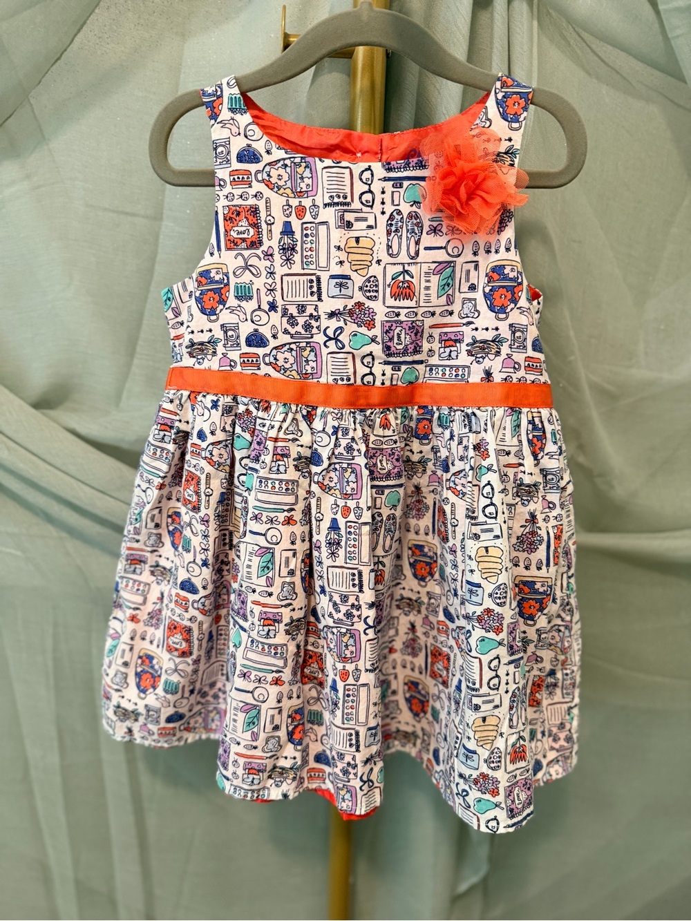 Cherokee White Multicolor Print Dress with Coral Trim